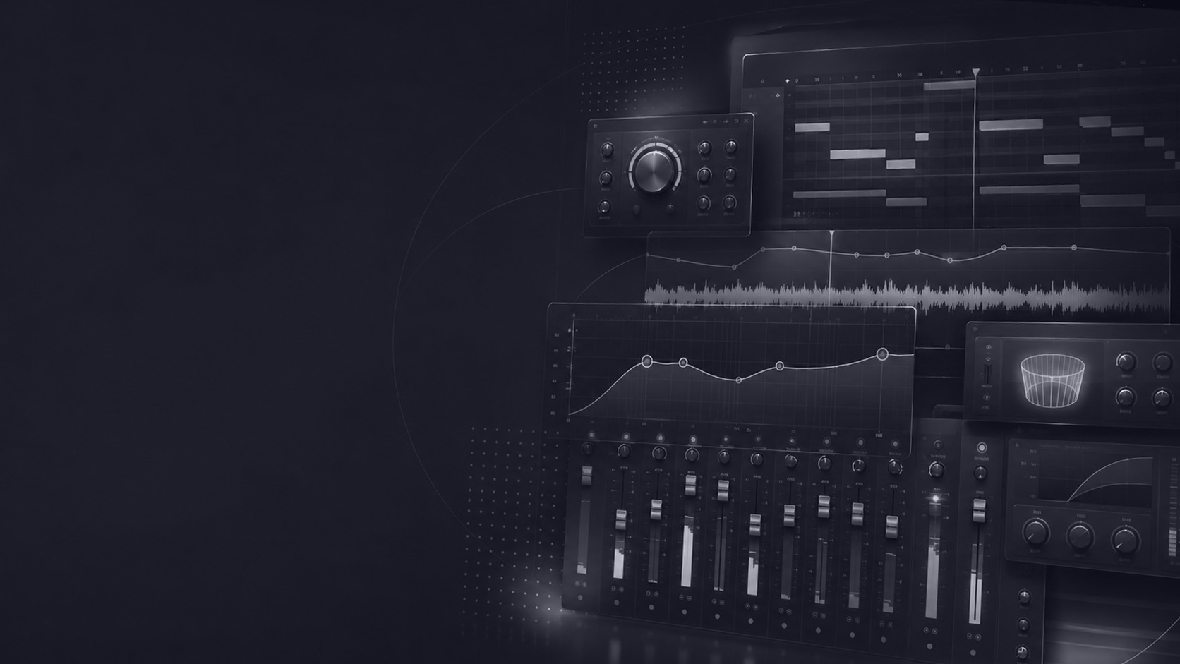 FL Studio-inspired music production interface with mixer, EQ, waveform and plugin panels on a dark background