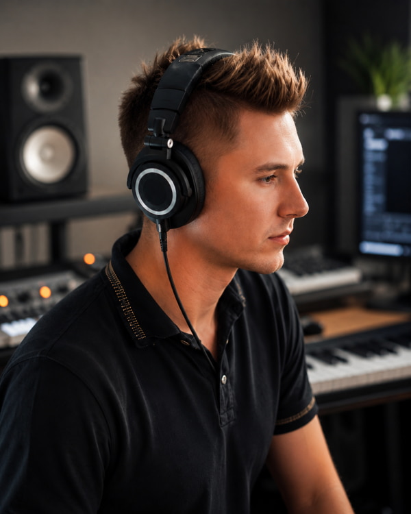Marius Simion mixing and engineer wearing studio headphones in a modern recording studio