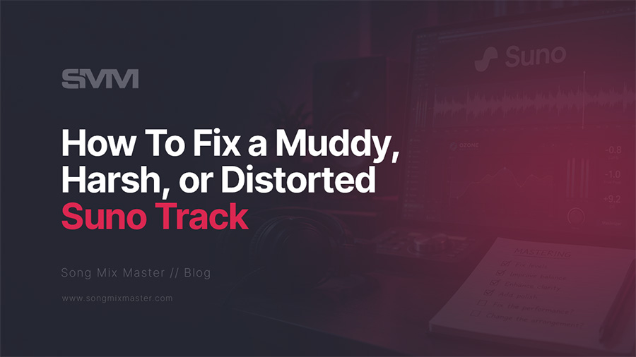 Suno track in a DAW showing waveform and EQ analysis for fixing muddy harsh and distorted audio
