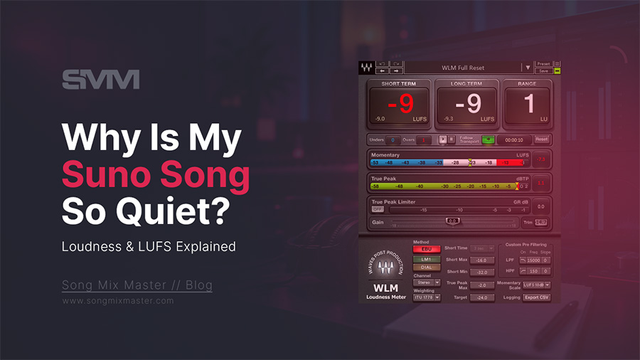 Suno track analyzed in a mastering studio with waveform, loudness, and LUFS metering