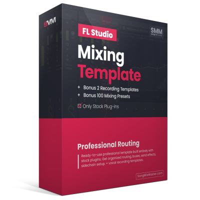 FL Studio Mixing Template product box with stock plugins, routing, vocal recording templates and 100 mixing presets